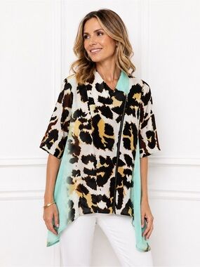 FERATELLI Abstract Animal Print Zip Front Tunic Top Sz M